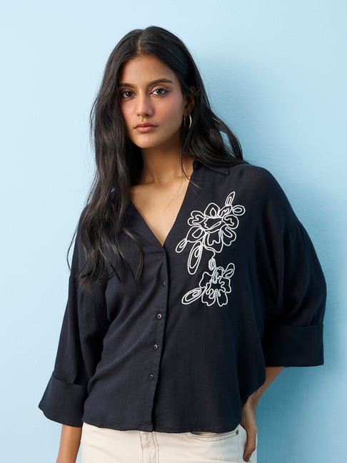 LOV by Westside Black Floral Embroidered Shirt-picture-13