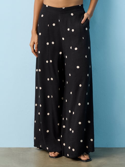 LOV by Westside Black Polka Dot Printed High-Rise Linen-Blend Pants-picture-15