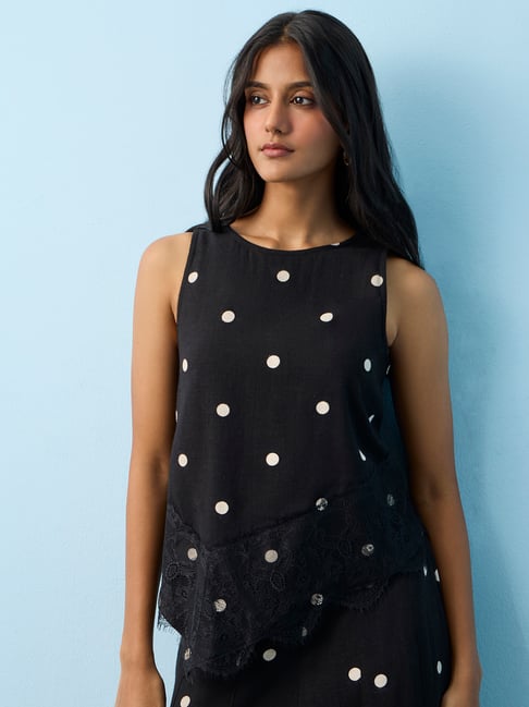 LOV by Westside Black Polka Dot Printed Linen-Blend Top-picture-11