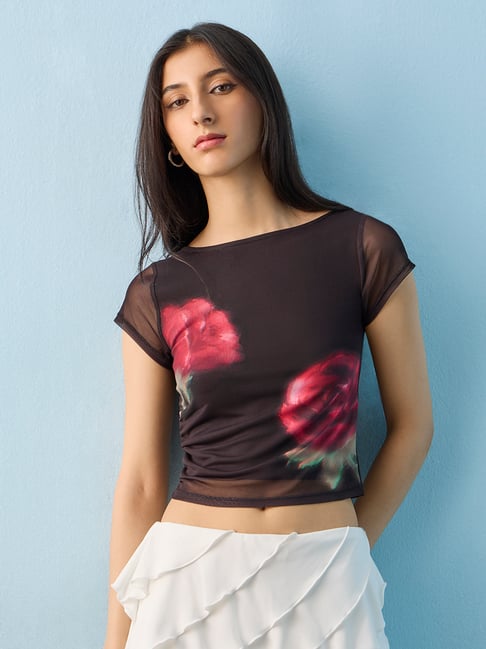 Nuon by Westside Black Floral Printed Mesh Top