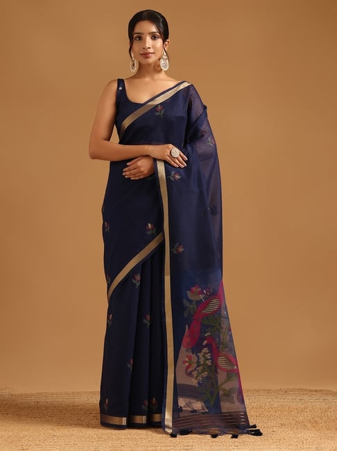 Soch Womens Navy Blue Regular Fit Woven Design Chanderi Saree-picture-21