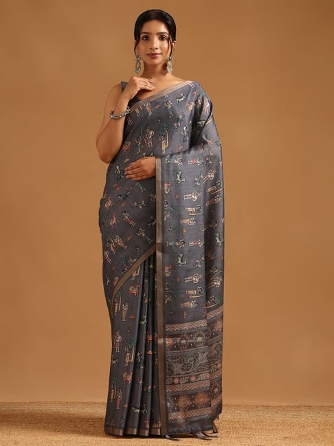 Soch Womens Grey Regular Fit Printed Art Silk Saree-picture-35