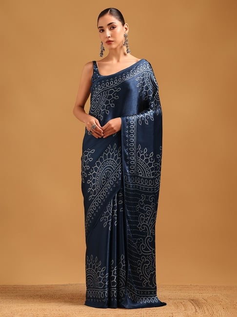 Soch Womens Blue Regular Fit Bandhani Viscose Saree-picture-16