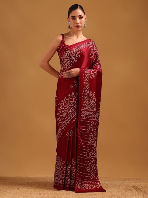 Soch Womens Maroon Regular Fit Bandhani Viscose Saree-picture-13