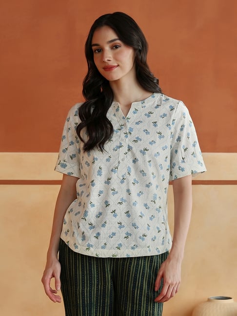 Fabindia White-turquoise Cotton Slim Fit Floral Top