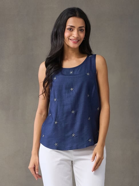 Fabindia Blue Regular Fit Embroidered Top