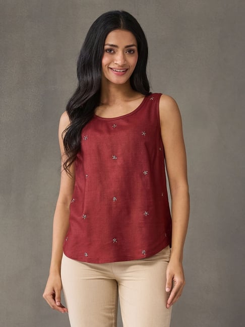 Fabindia Red Regular Fit Embroidered Top