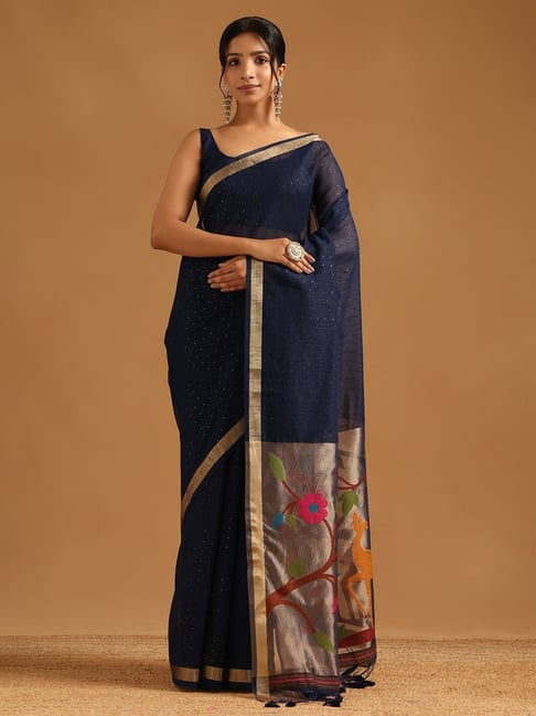 Soch Womens Navy Blue Regular Fit Woven Design Tissue Saree-picture-45