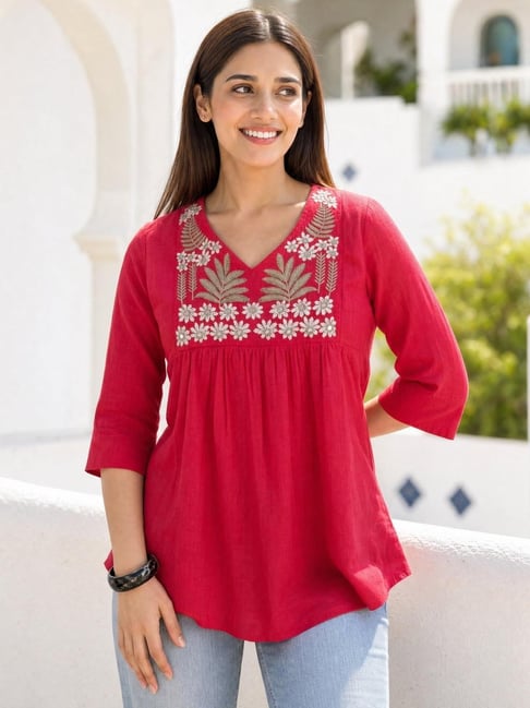 Rangita Coral Cotton Regular Fit Embroidered Kurti-picture-18