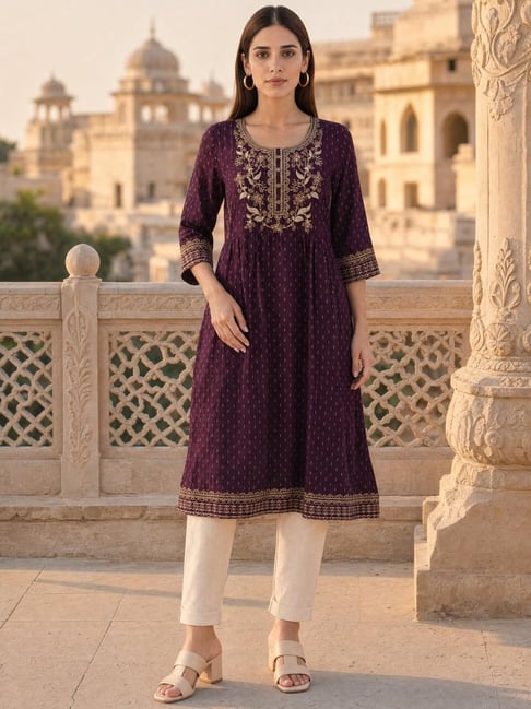 Rangita Wine Regular Fit Embroidered Kurta-picture-29