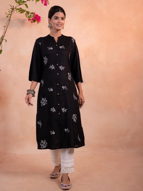 Juniper Women's Black Flared Fit Embroidered Viscose Kurta-picture-19