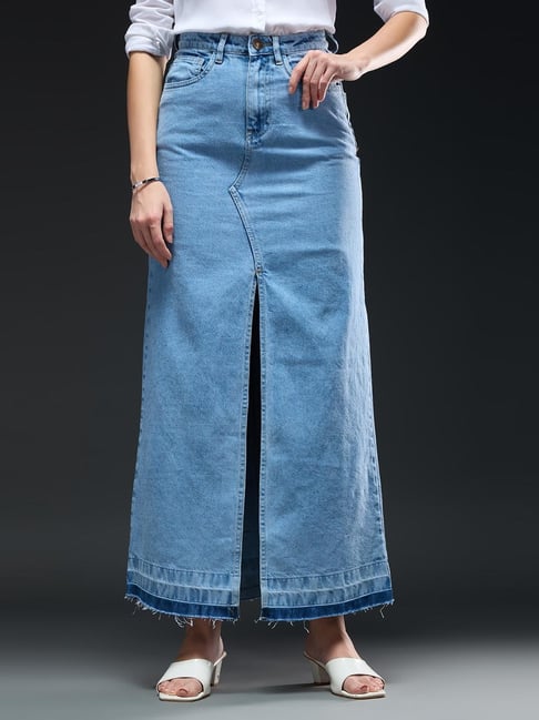 Globus Women Light Blue Solid Mid Rise High Front Slit Frayed Hem Maxi Party Straight Denim Skirt-picture-26