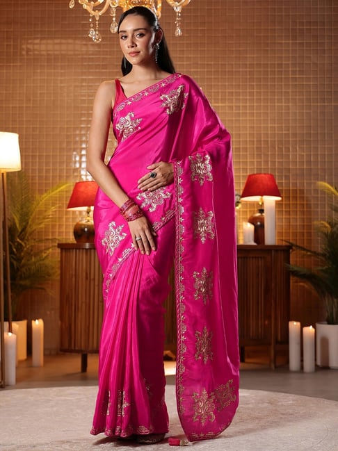Libas Pink Embroidered Saree with Unstitched Blouse-picture-37