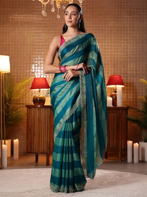 Libas Green Striped Saree with Unstitched Blouse-picture-28