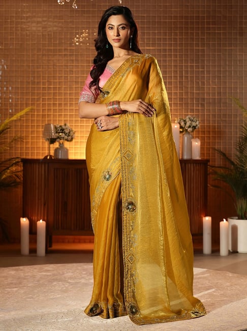 Libas Mustard Embellished Saree with Unstitched Blouse-picture-37