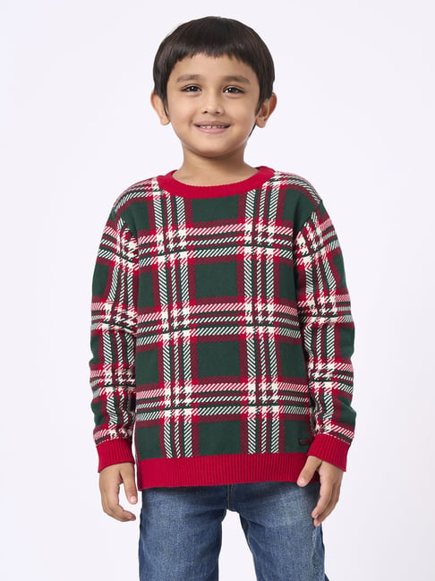 Ed-a-Mamma Red & Green Cotton Regular Fit Checks Sweater-image-39