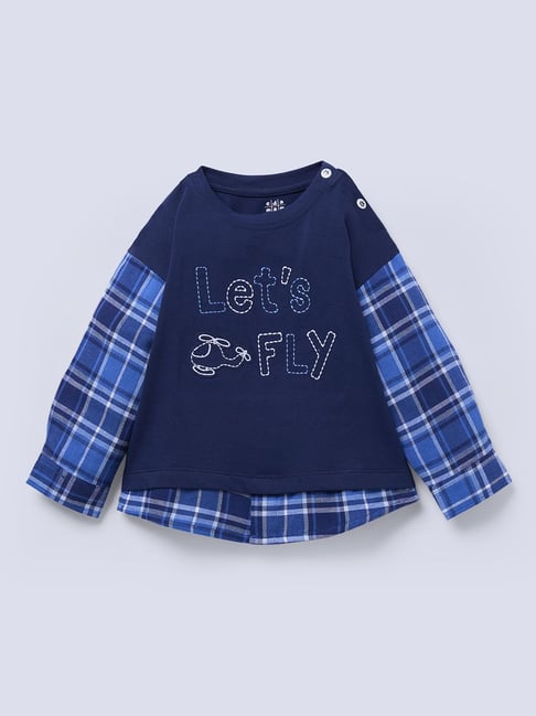 Ed-a-Mamma Blue Cotton Regular Fit Embroidered T-Shirt-image-7