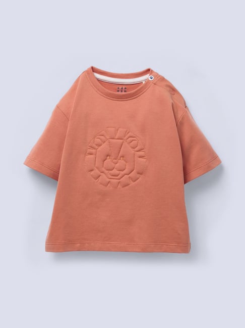 Ed-a-Mamma Orange Cotton Regular Fit Embroidered T-Shirt-image-1
