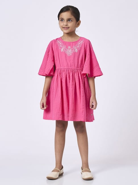 Ed-a-Mamma Pink Cotton Regular Fit Embroidered Dress-image-24