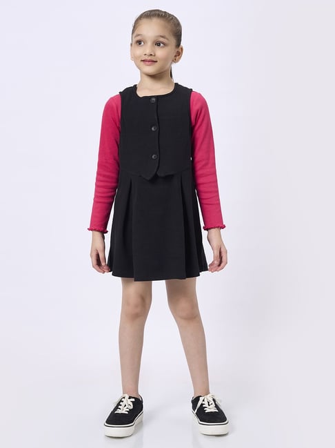 Ed-a-Mamma Black & Pink Cotton Regular Fit Color Block Dress-image-46
