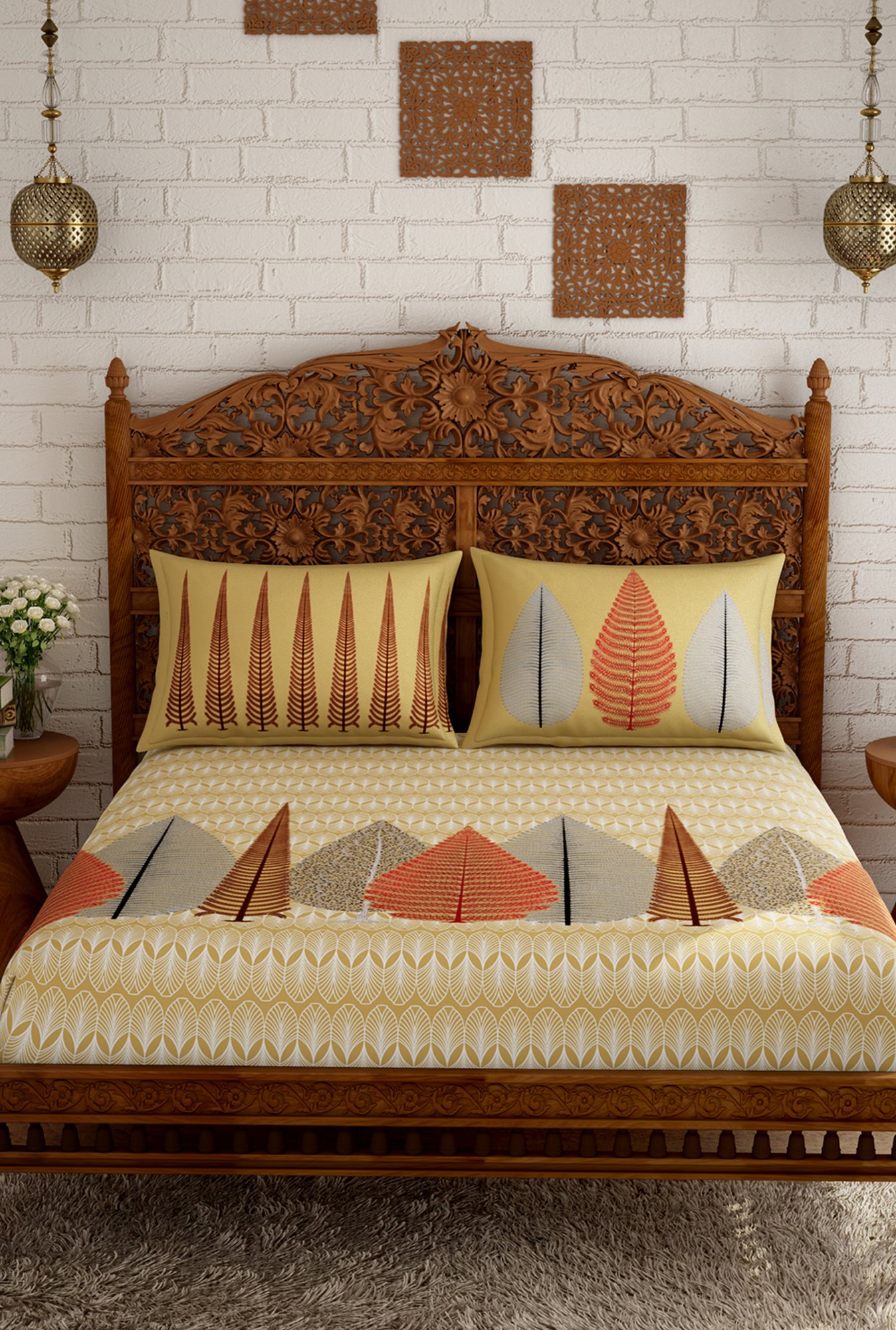 Buy Spaces Beige Orange Patachitra Cotton Bed Sheet Set