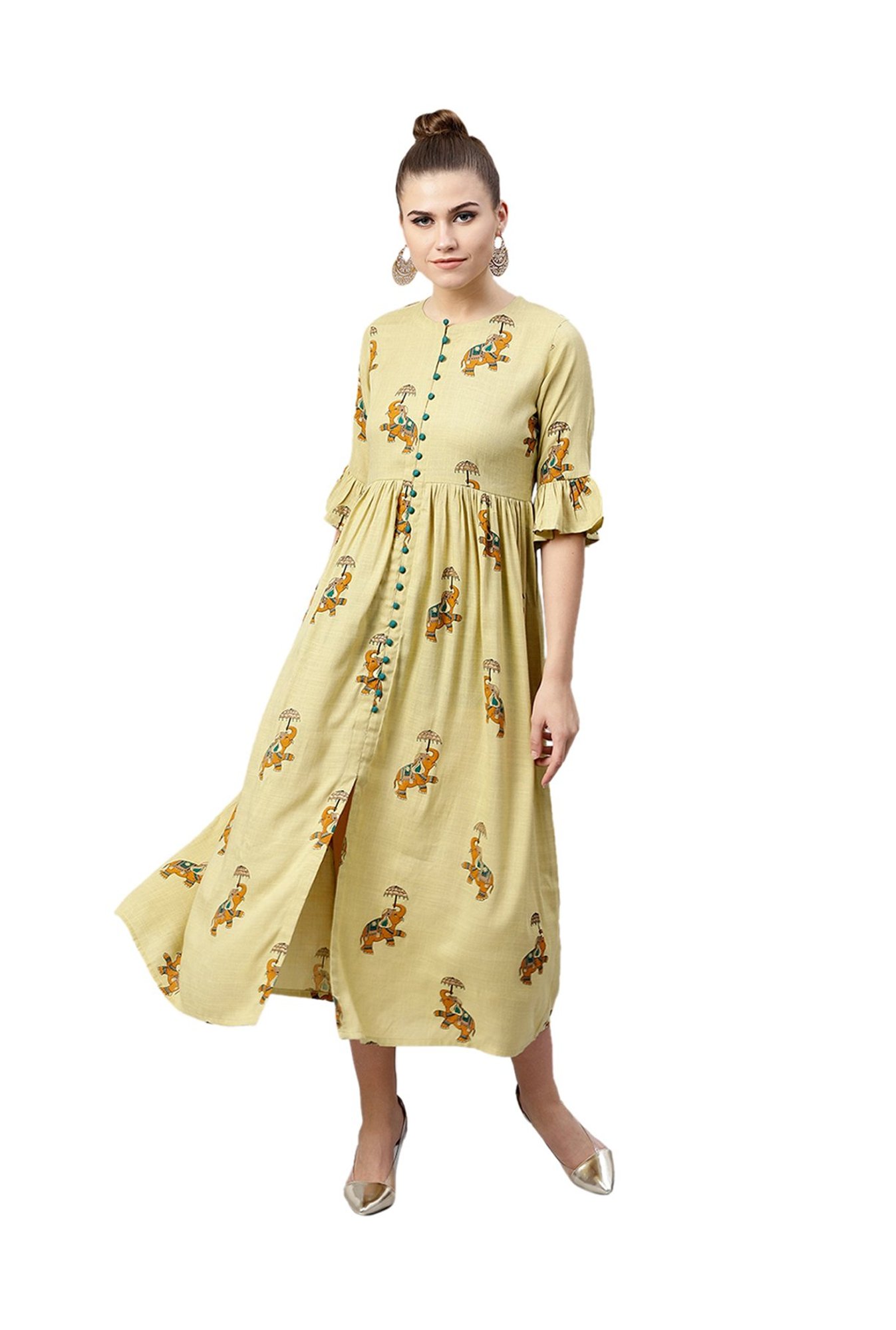 Yellow Printed Midi Dress