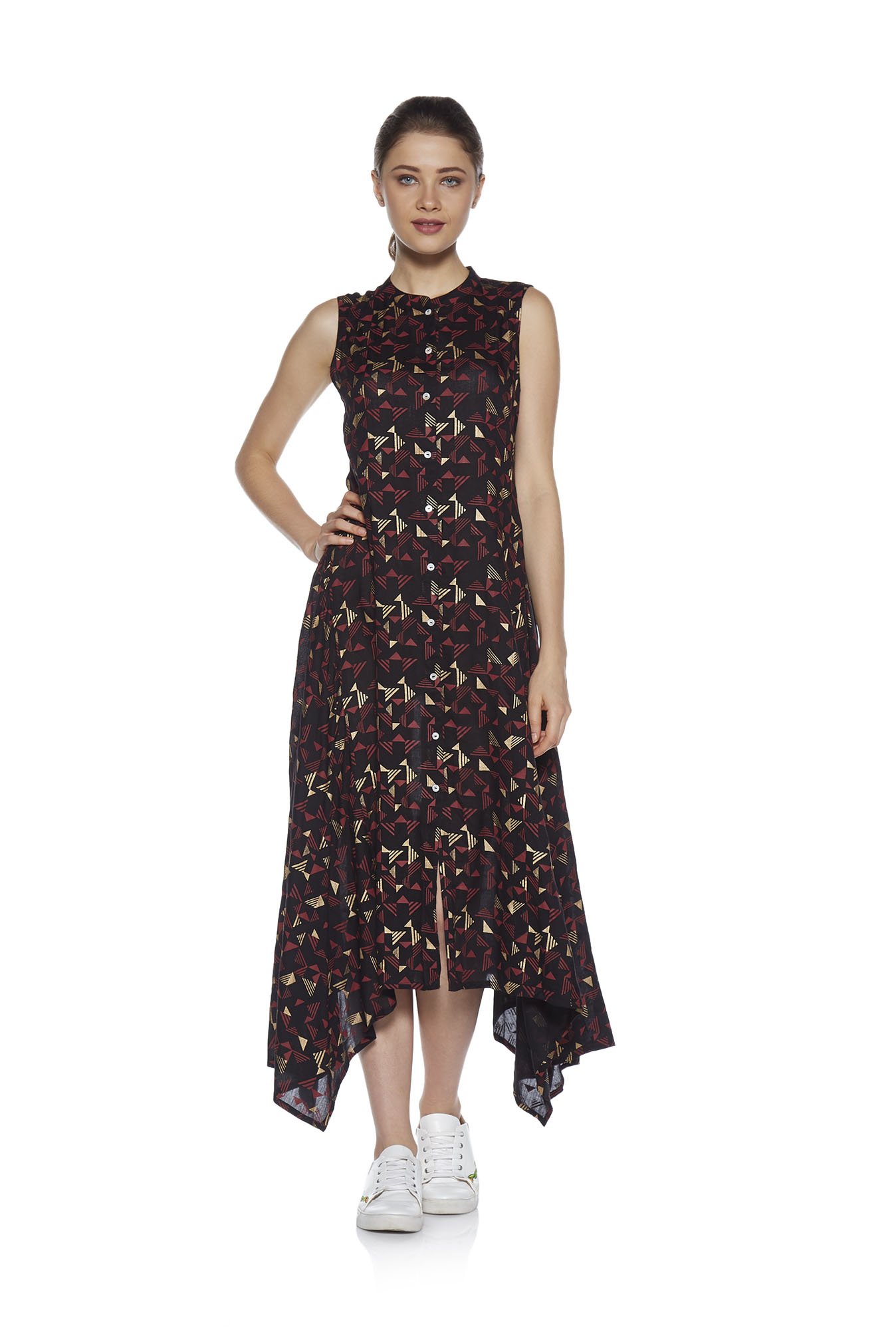 Black Dipped Hem Triangular Printed Dress