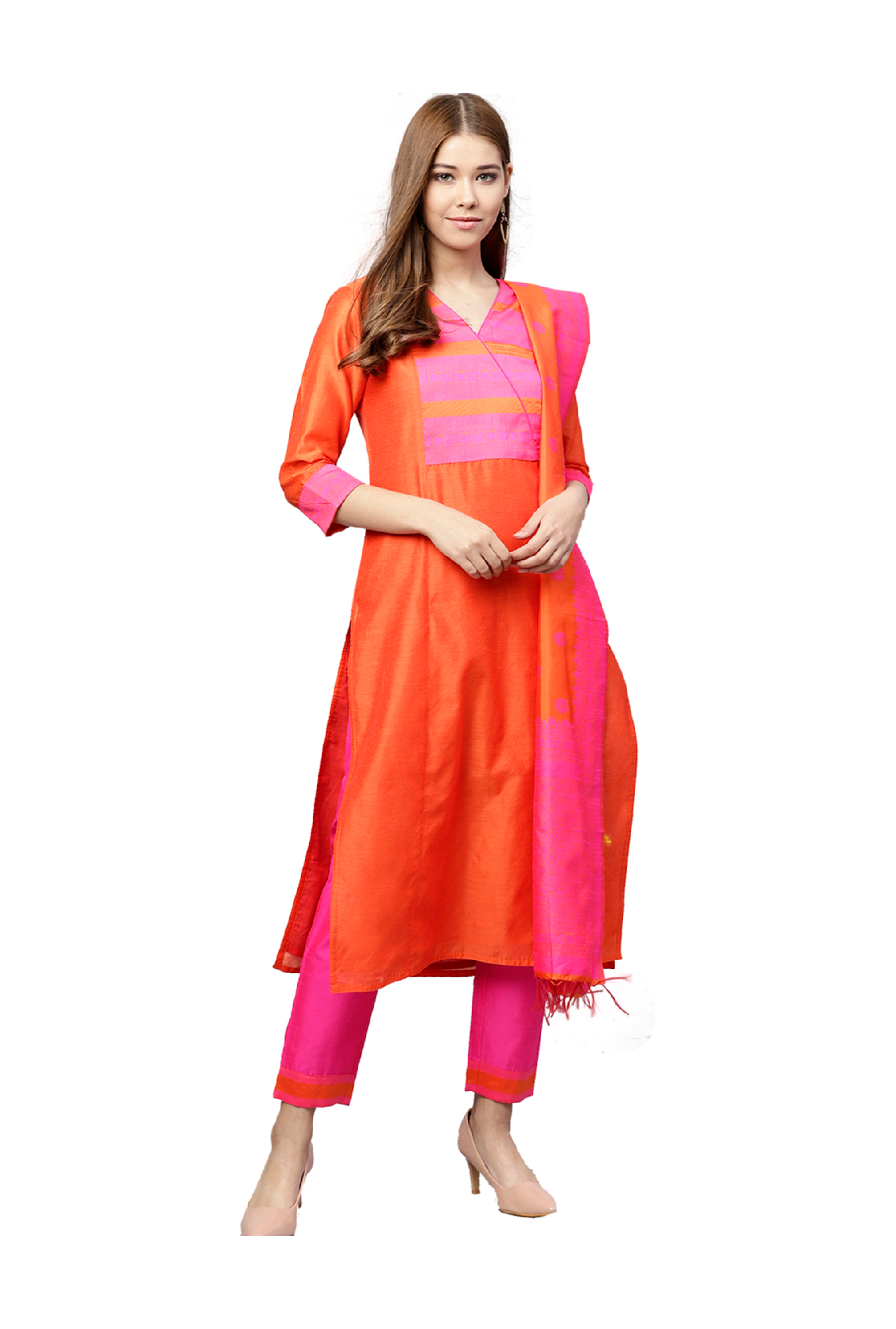 PeachesNPink Straight Kurti with Leggings and Pink Chanderi Banarsi Dupatta  | Kurta designs, Clothes for women, Fashion