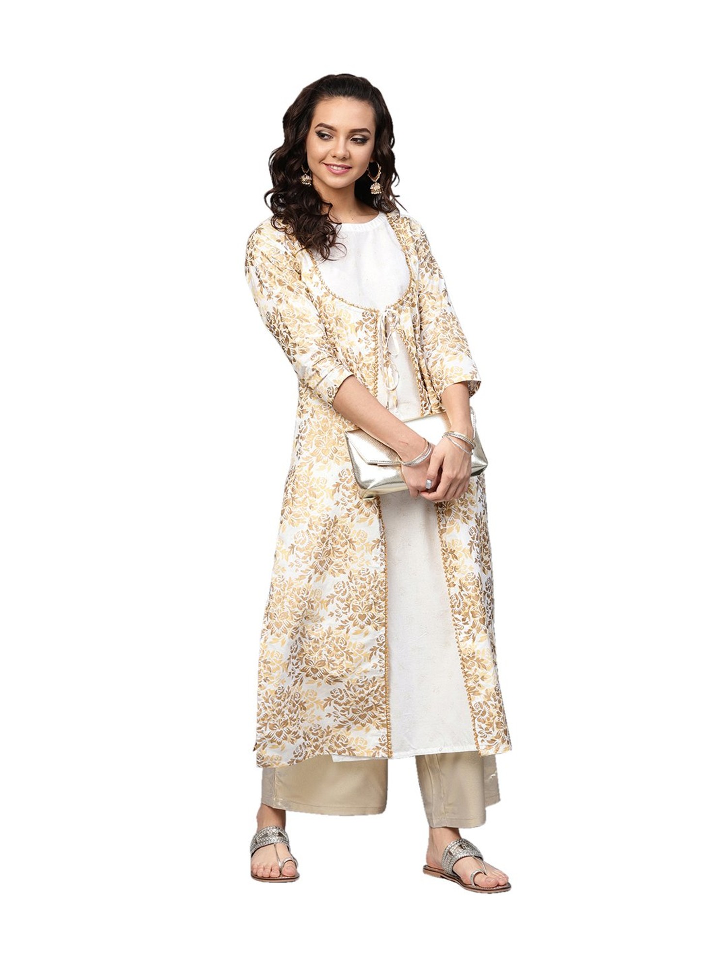 off white Gold Foil Printed Kurti with Foil Printed Kalidaar Palazzo and  Ivory Floral Gotta Patti Dupatta  anokherang  3057805