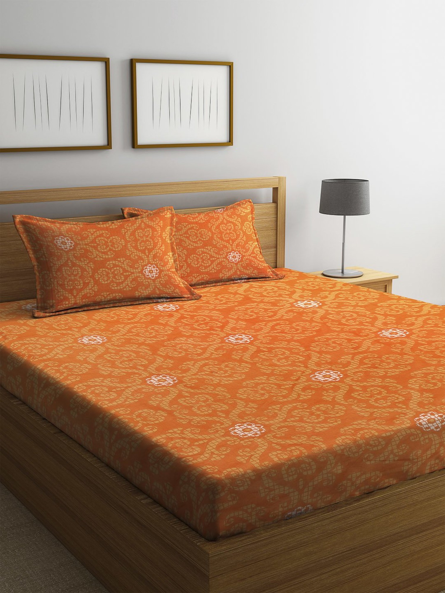 Buy Swhf Orange Motif Cotton Double Bed Sheet Set Online At