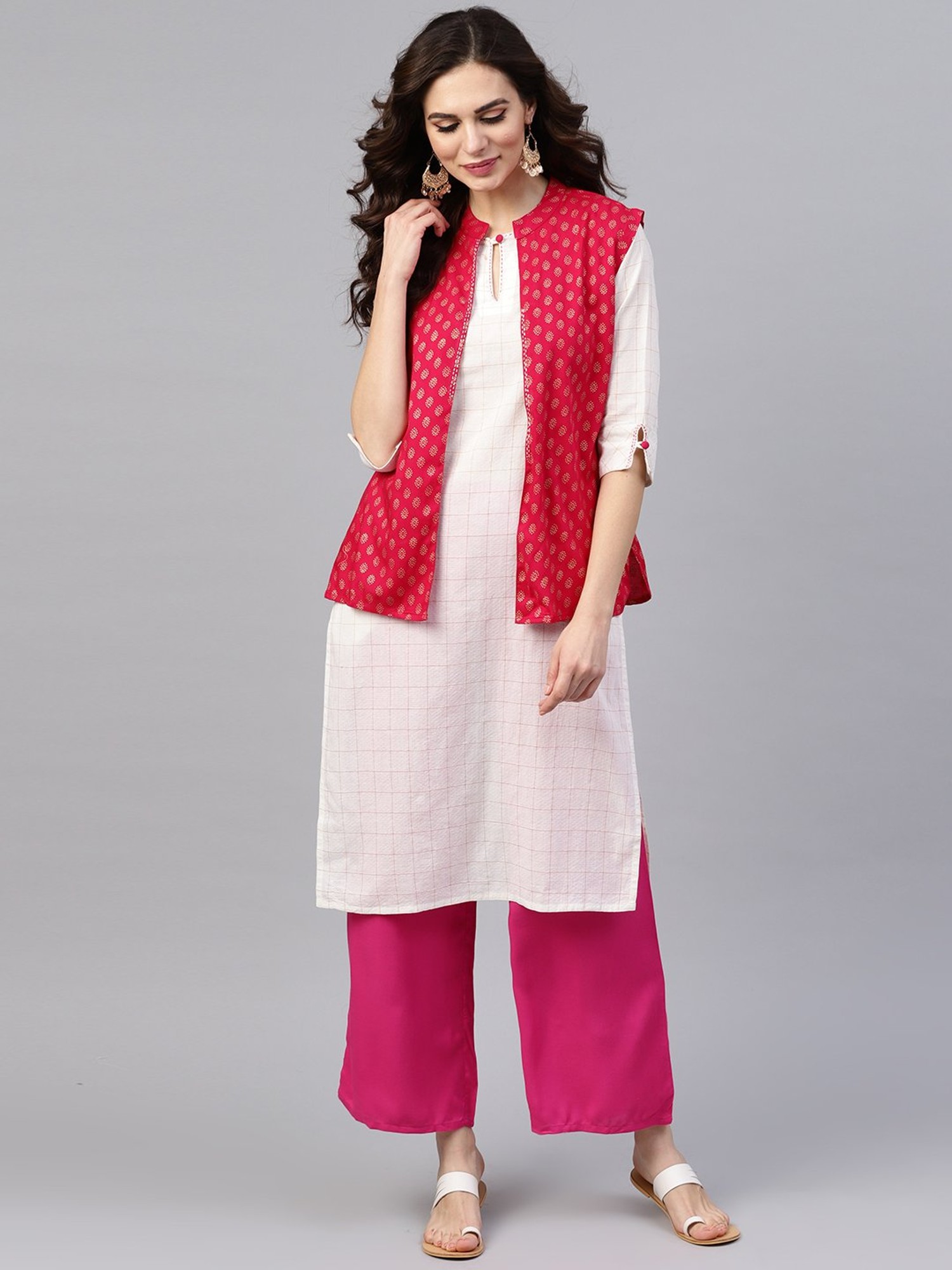 Jaipur Kurti Kurtis Kurtas and Tunics : Buy Jaipur Kurti White Checks Kurta  with Jacket (Set of 2) Online | Nykaa Fashion.