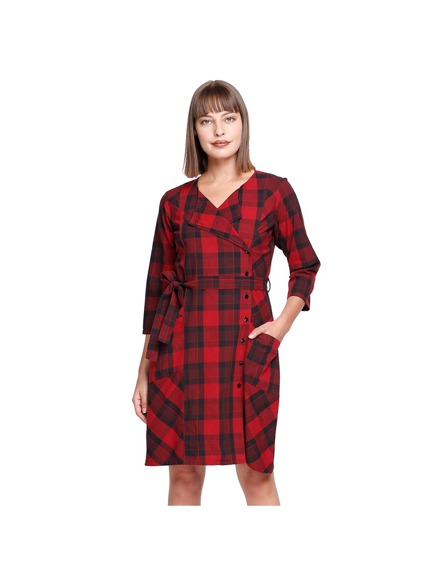 red and black check frock