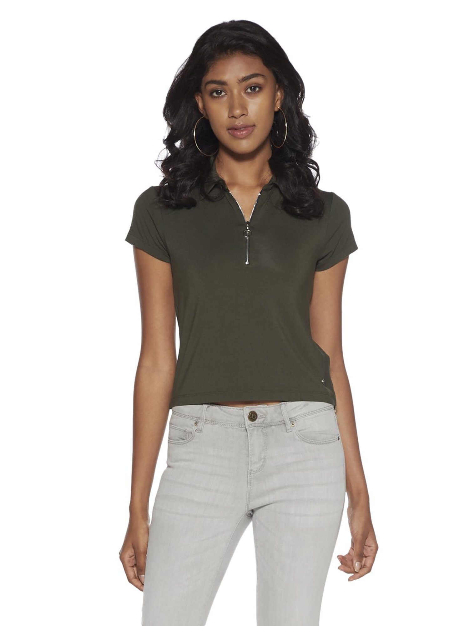 Buy Nuon by Westside Khaki Cropped Polo T-Shirt for Women Online