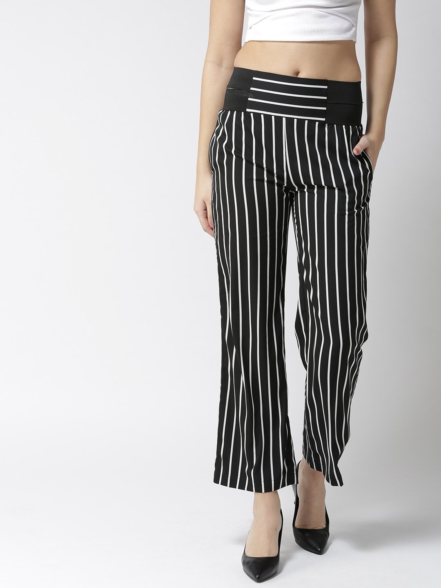 Buy Crimsoune Club Black  White Striped Trousers for Women Online  Tata  CLiQ