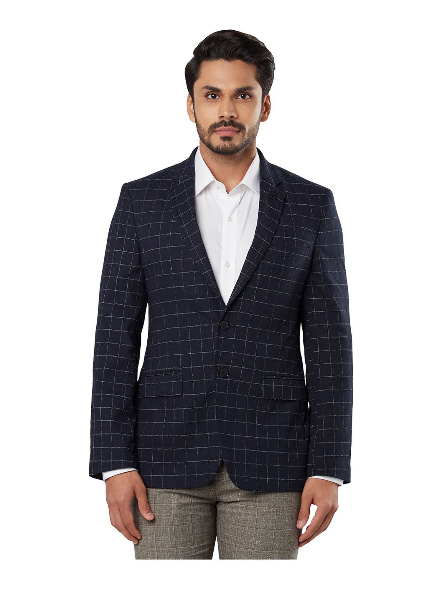 dark blue checkered blazer