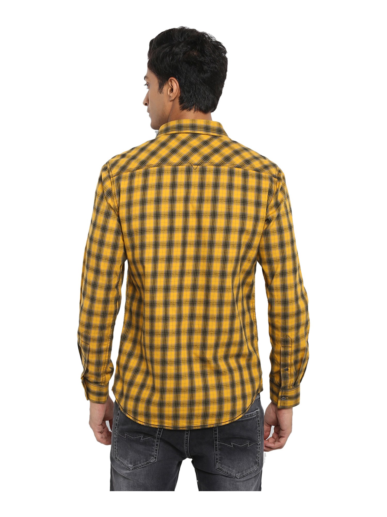 mufti mustard yellow checked casual shirt