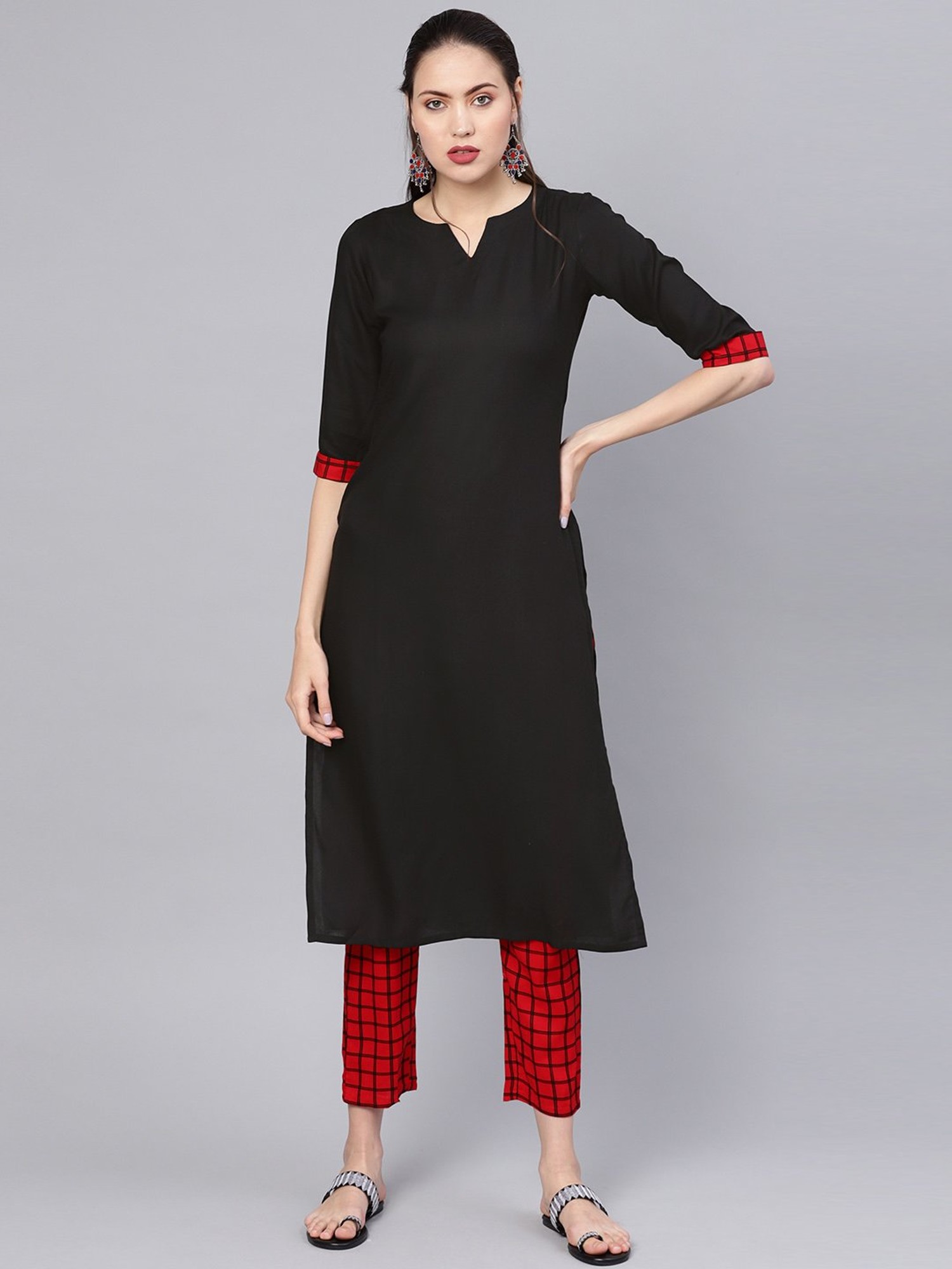 Black Cotton Kurti with Red piping and collar  wwwsoosicoin