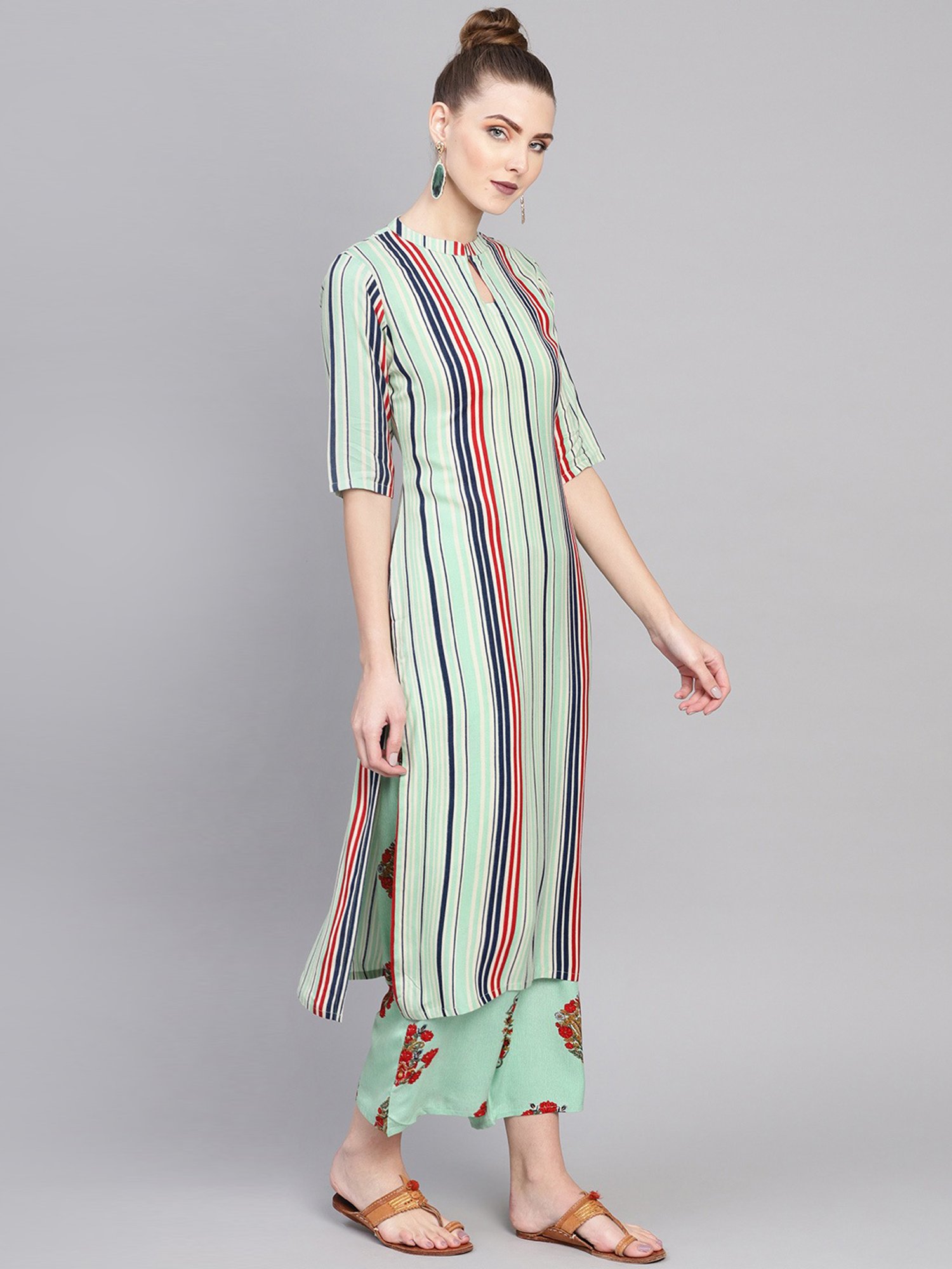 Buy Gerua Green Striped Kurti Palazzo 