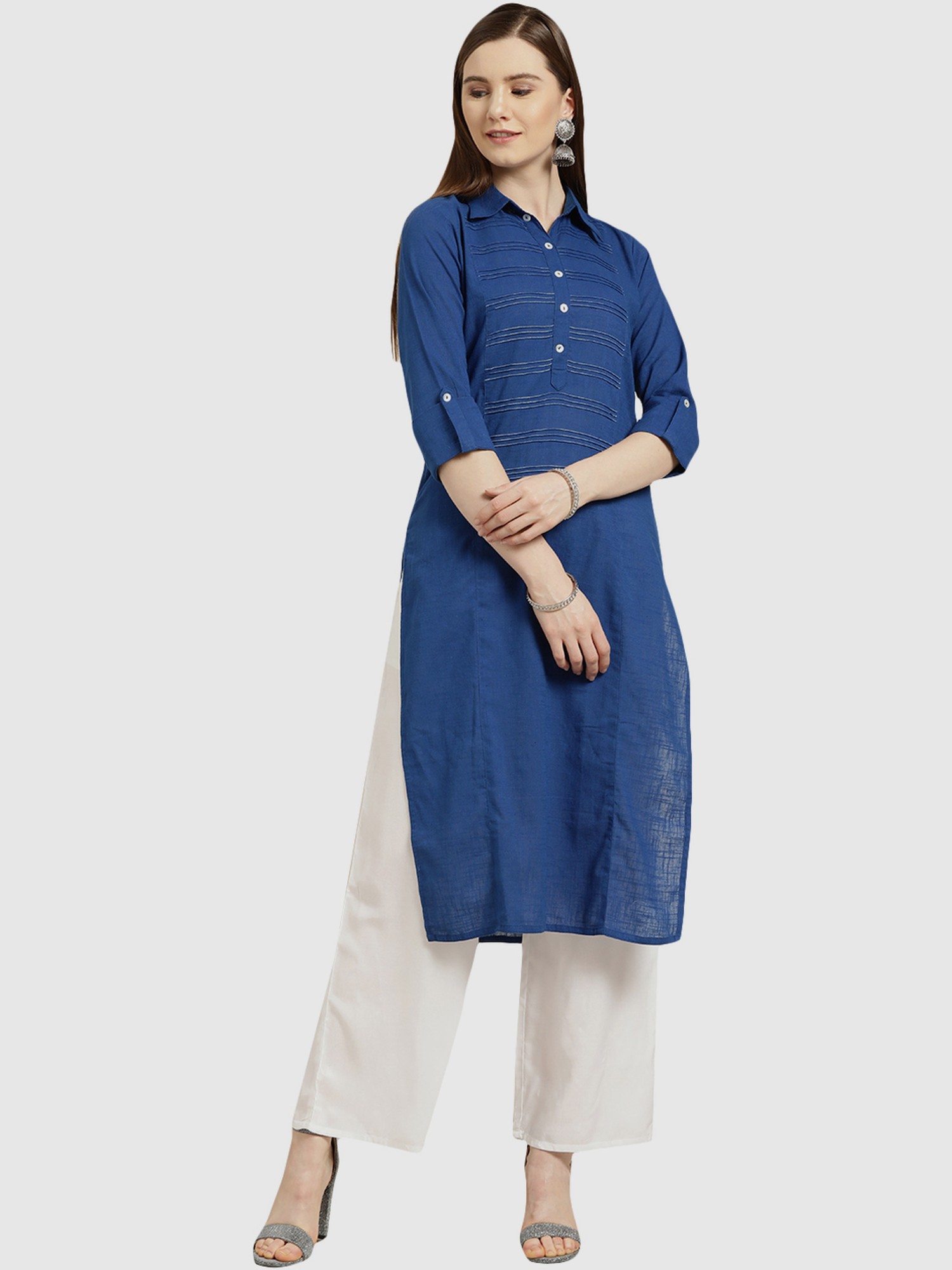 Buy Janasya Women Navy Blue & Peach Coloured Solid Kurti With Trousers &  Dupatta - Kurta Sets for Women 8974413 | Myntra