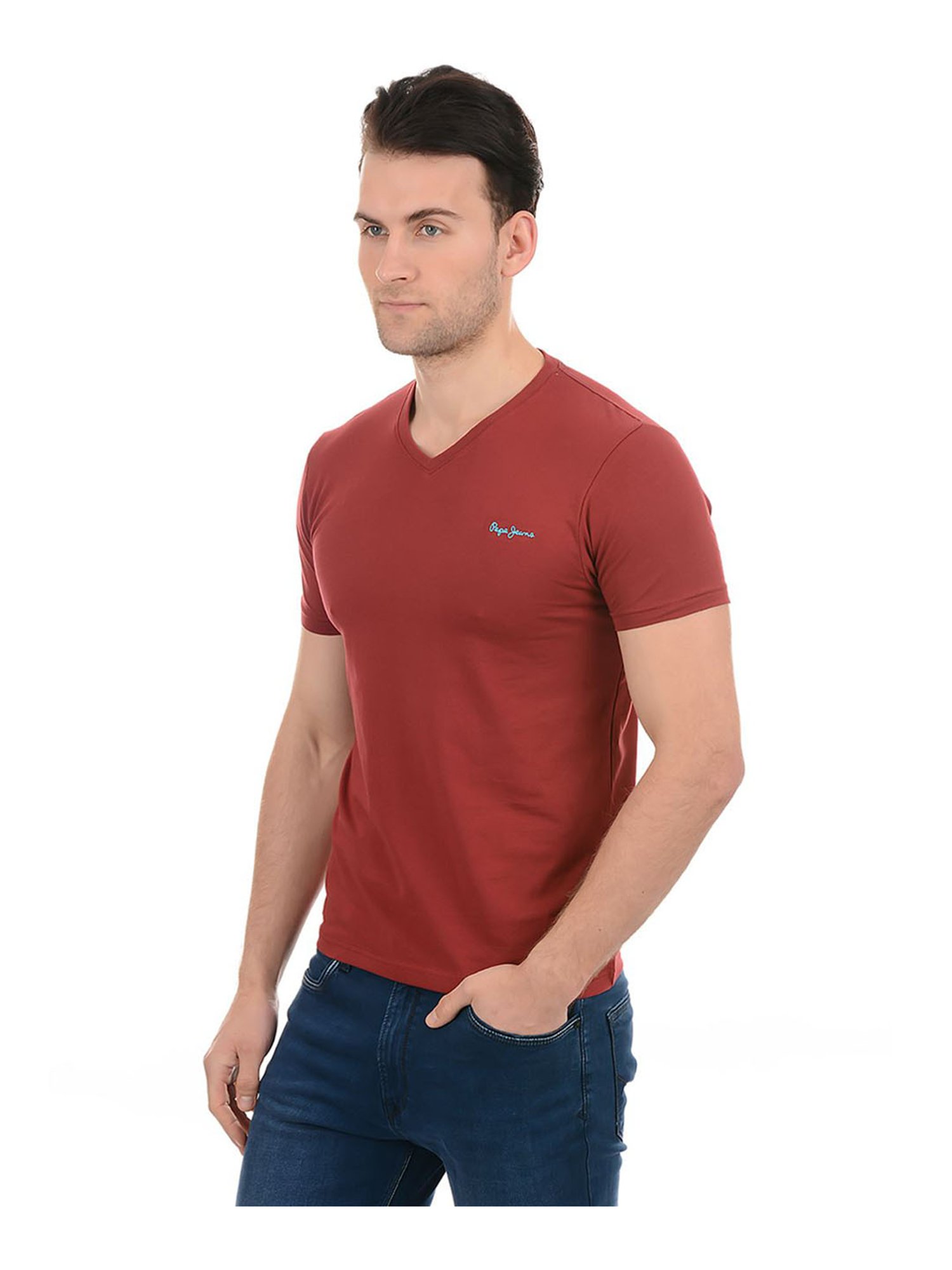 Buy Pepe Jeans Burgundy Slim Fit V Neck T-shirt for Men Online @ Tata CLiQ