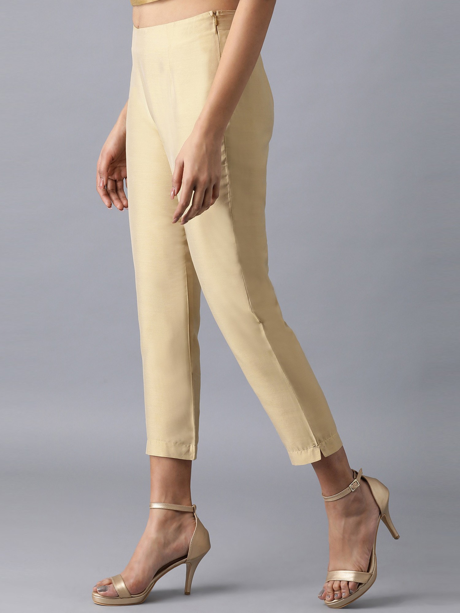 Buy ANUSHIL White Pants with Elegant Golden Foil Print - Slim Fit Women's  Trousers (Colour - White, Size - S) at Amazon.in