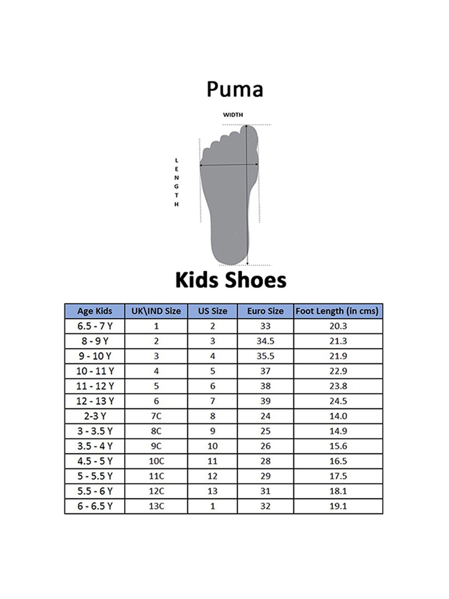 Puma kids store shoes size