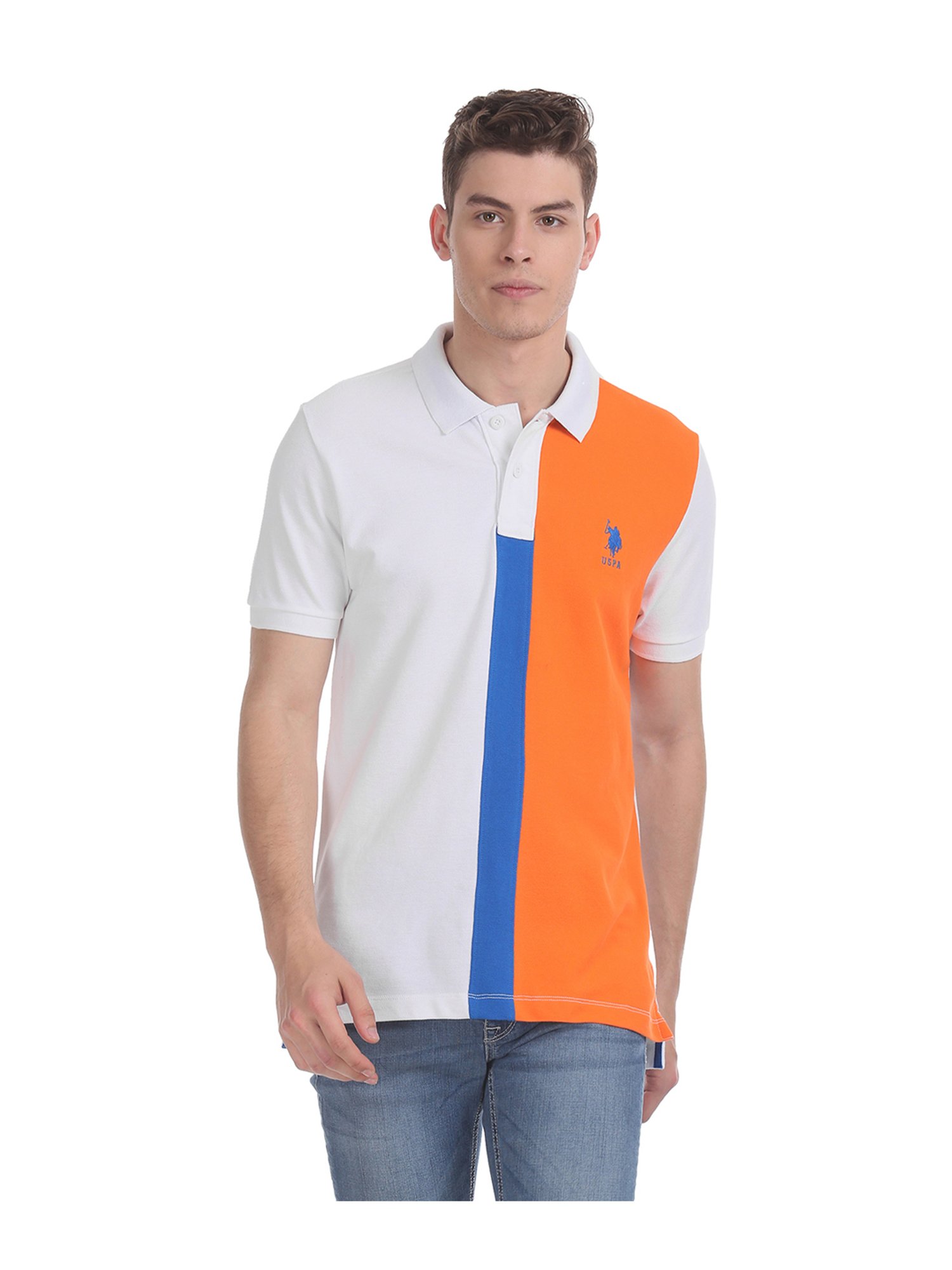 Buy U.S. Polo Assn. Orange And White Cotton Colour Block Polo T