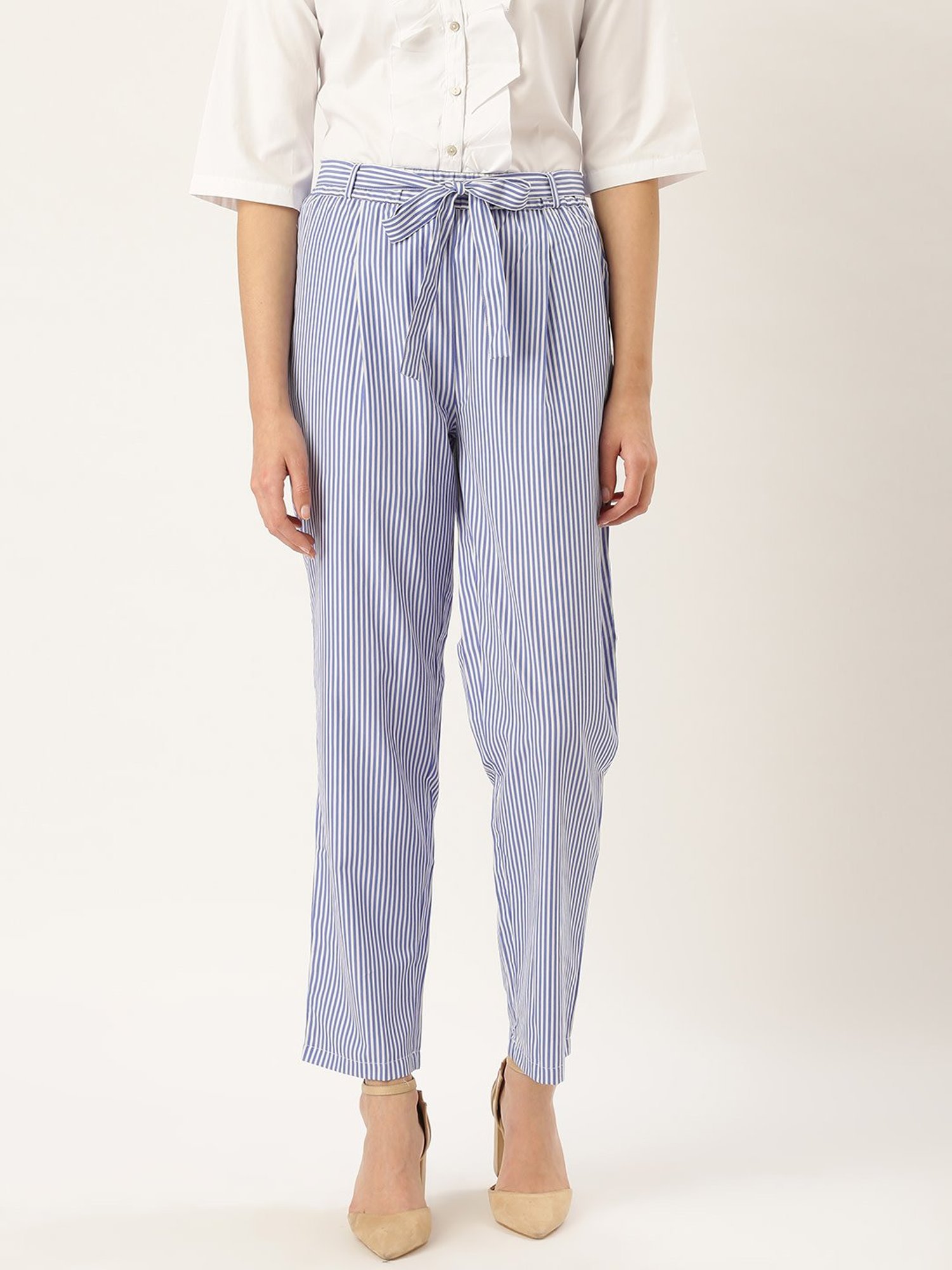 blue and white striped trousers