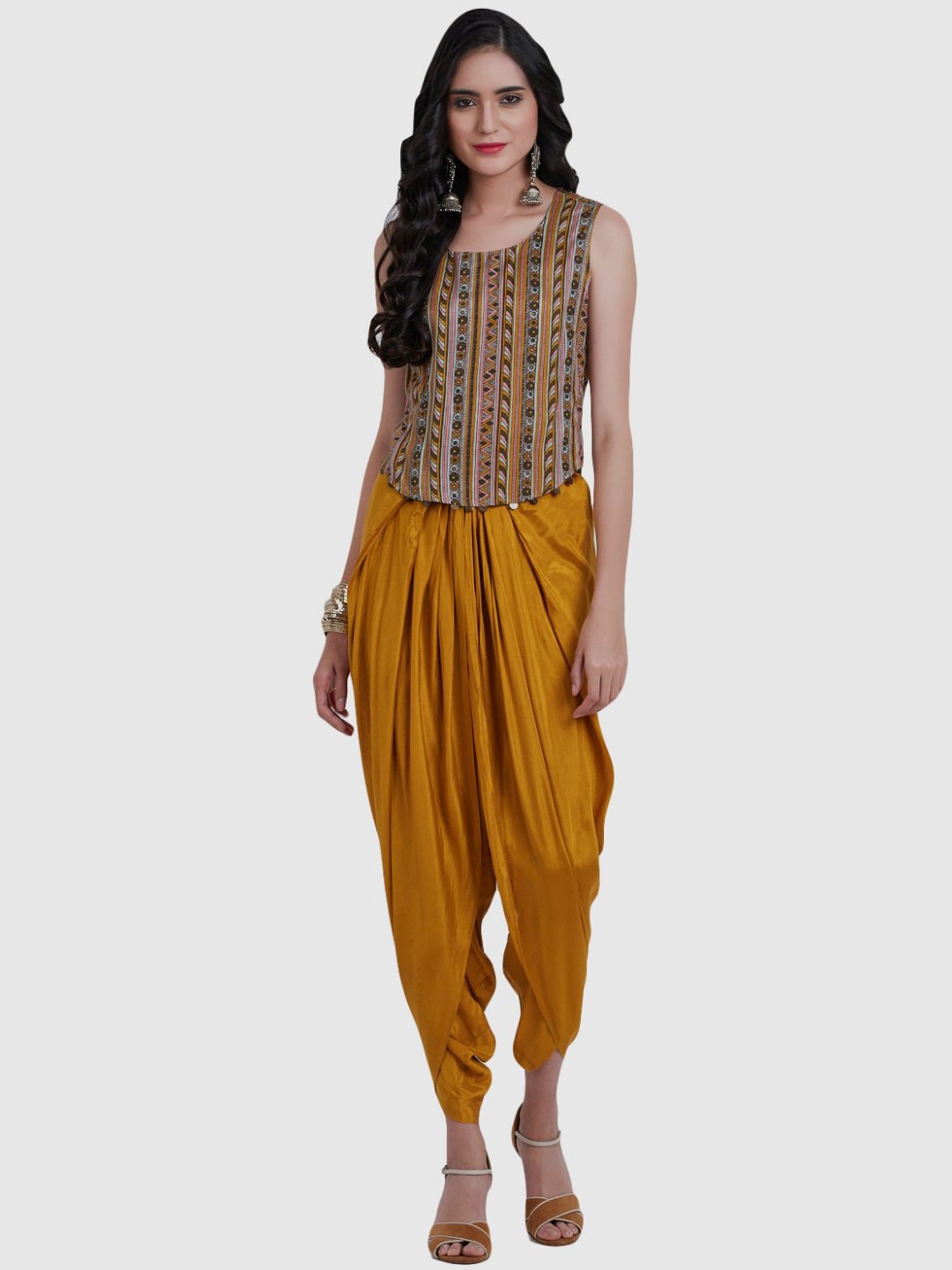 Rue Collection Women Embroidered Mirror Work Cotton Kurti with Dhoti Pants  & With Shrug - Absolutely Desi