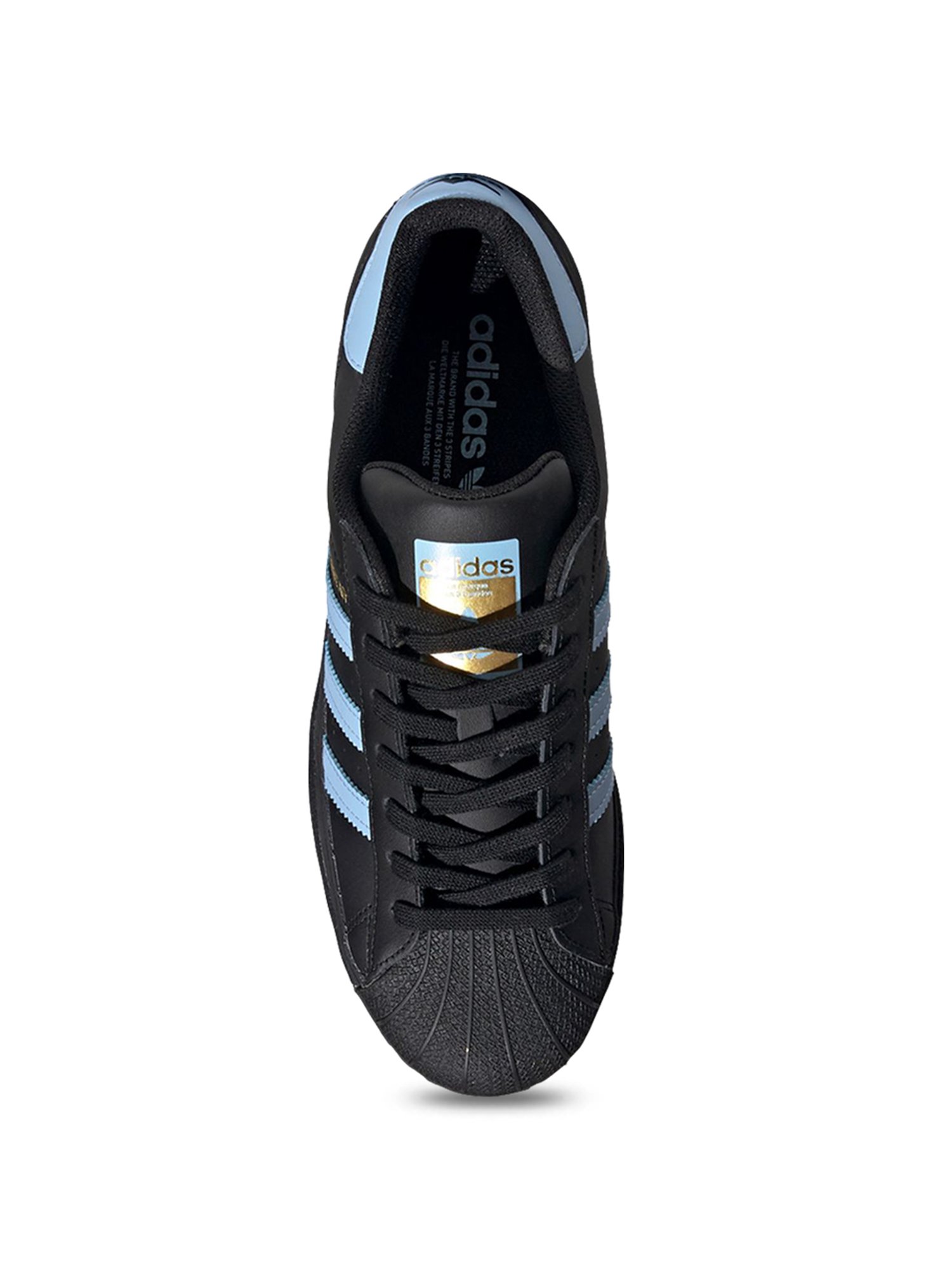 Superstar black hotsell with blue stripes