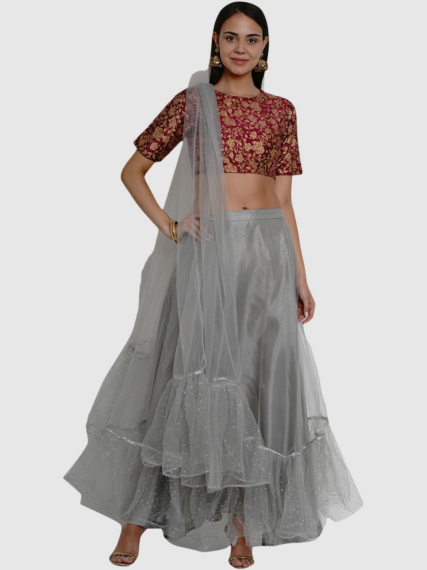 Buy Two Sisters By Gyans Grey Viscose Lehenga Set With Embroidered Crop Top  Online | Aza Fashions