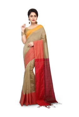 Bengal Handloom Beige & Red Cotton Silk Saree With Blouse