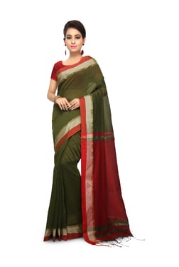 Bengal Handloom Olive & Red Cotton Silk Saree With Blouse