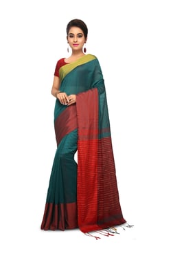 Bengal Handloom Green & Red Cotton Silk Saree With Blouse
